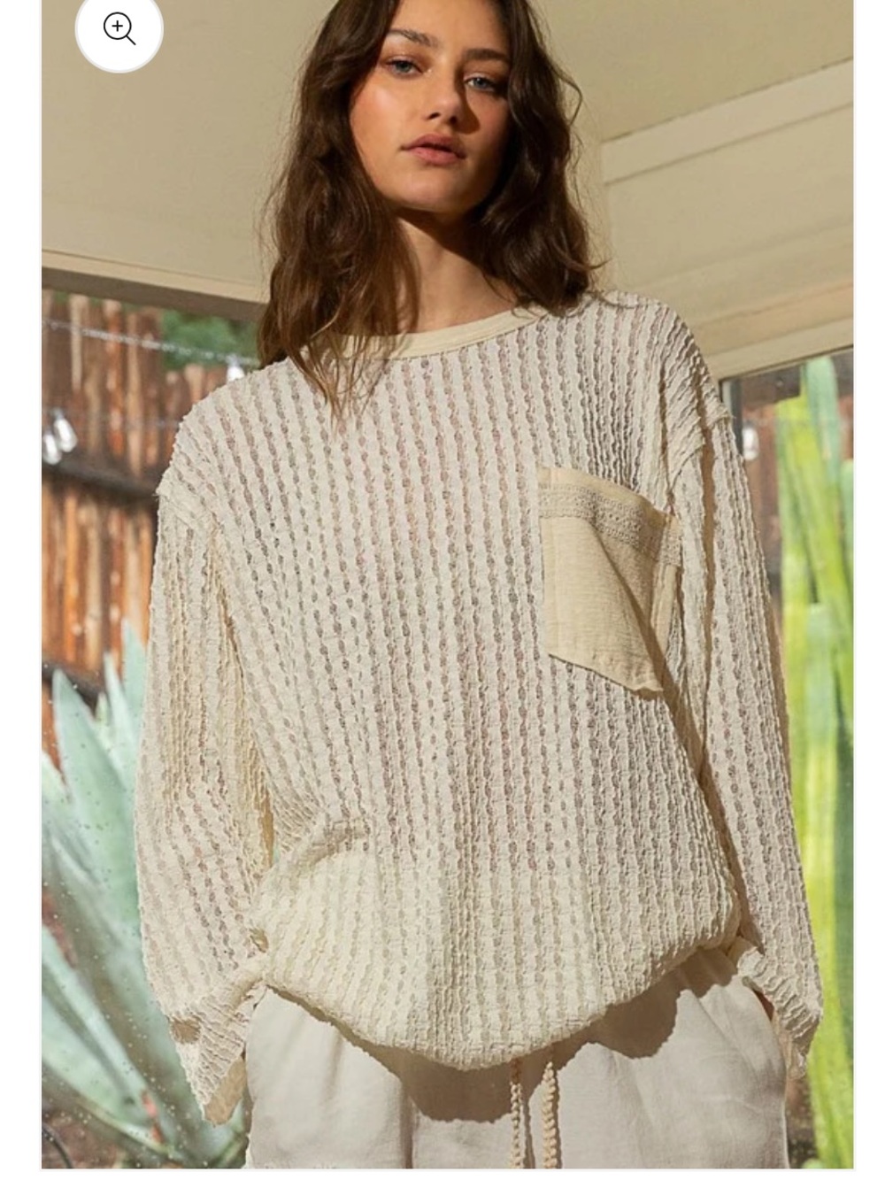 POL her Kind Eyelets Top Light Cream Knit Pocket Long-Sleeve Top